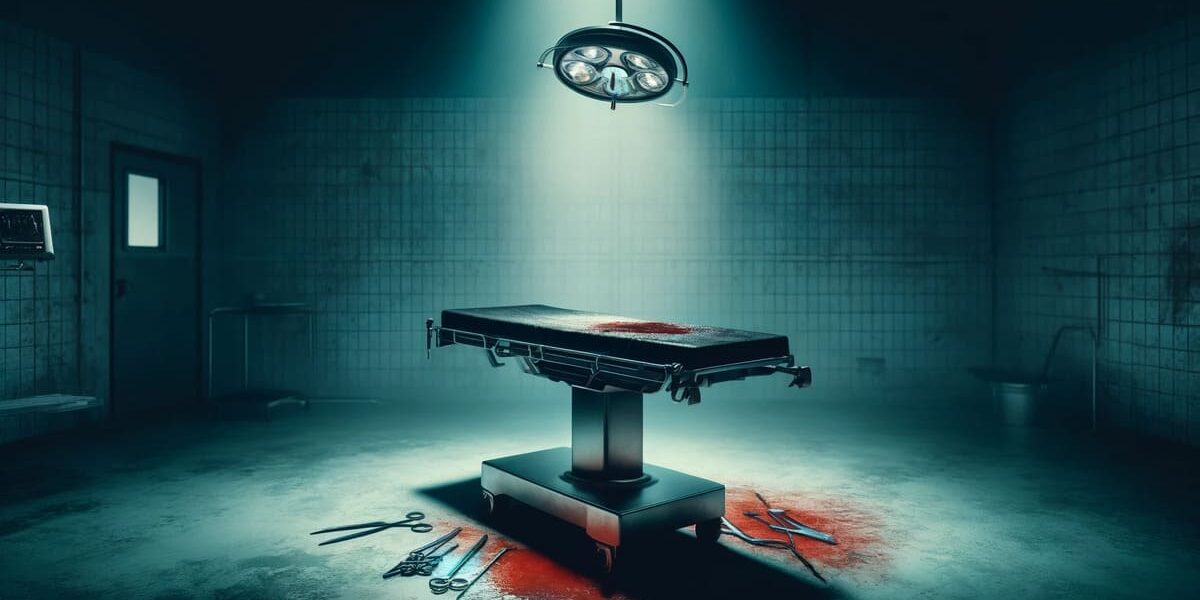 A chilling, empty operating room bathed in cold light suggests a sinister crime scene in 